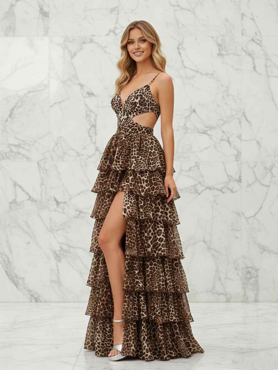 Leopard Print A-Line Prom Dress With Tiered Ruffles And Waist Cutouts
