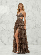 Leopard Print A-Line Prom Dress With Tiered Ruffles And Waist Cutouts