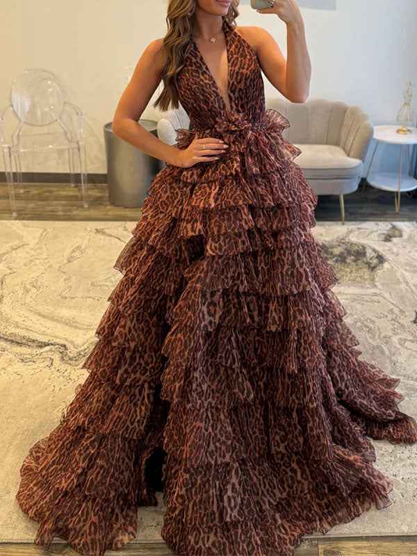 Leopard Print Tiered Ruffle Halter Long Prom Dress Evening Gown