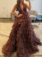 Leopard Print Tiered Ruffle Halter Long Prom Dress Evening Gown