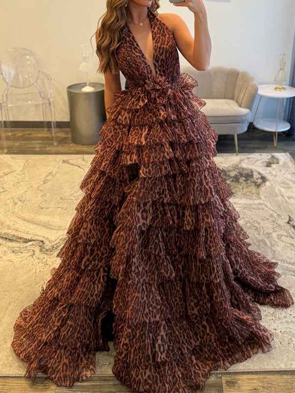 Leopard Print Tiered Ruffle Halter Long Prom Dress Evening Gown