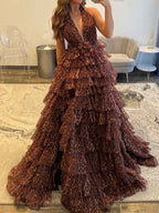 Leopard Print Tiered Ruffle Halter Long Prom Dress Evening Gown