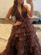 Leopard Print Tiered Ruffle Halter Long Prom Dress Evening Gown