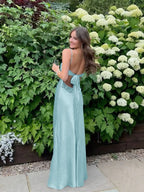 Blue A Line V Neck Beaded Back Tie Long Prom Dress