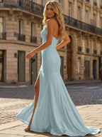 Yellow Beaded Halter Corset Prom Dress With High Slit
