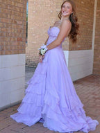 Light Blue A Line Strapless Applique Corset Prom Dress Ruffle Skirt