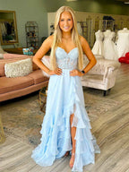 Light Blue A Line Strapless Applique Corset Prom Dress Ruffle Skirt