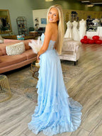 Light Blue A Line Strapless Applique Corset Prom Dress Ruffle Skirt