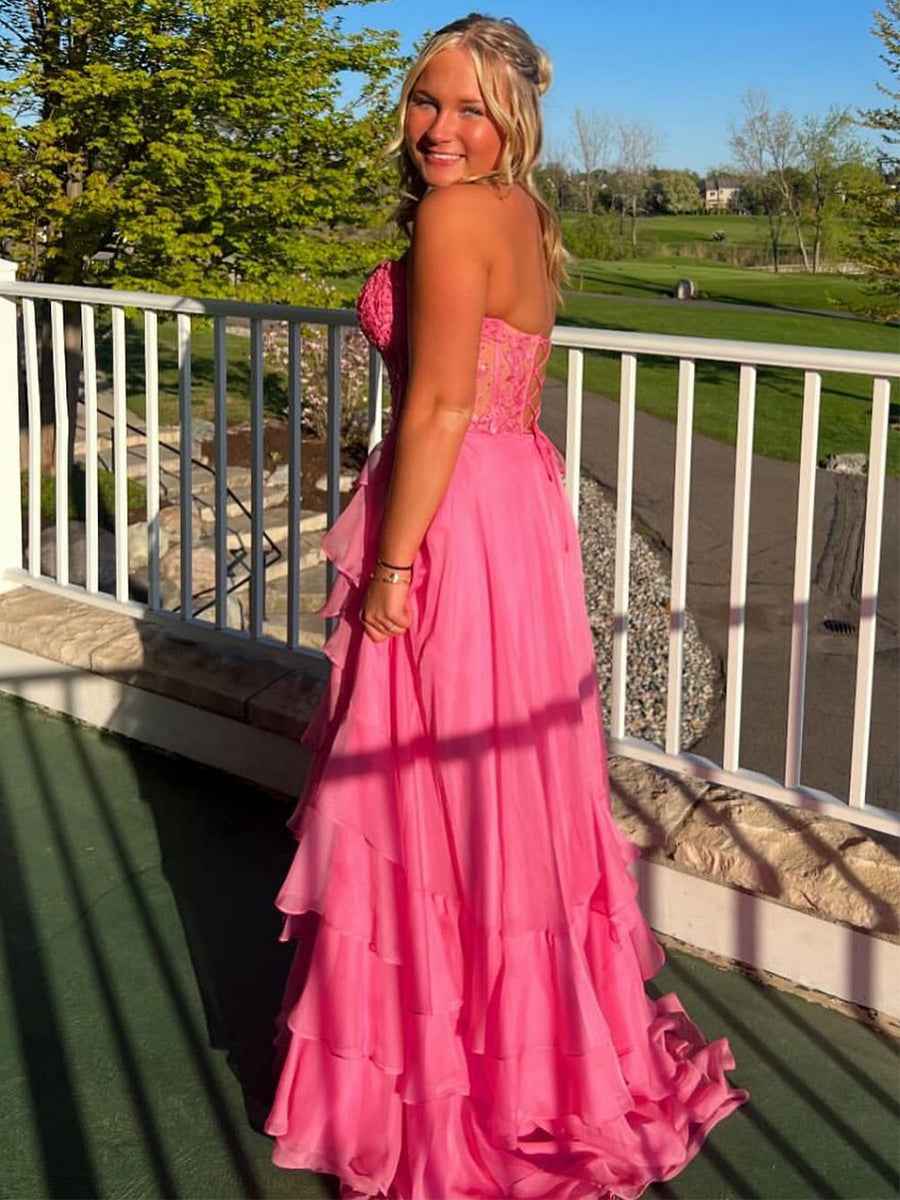 Light Blue A Line Strapless Applique Corset Prom Dress Ruffle Skirt