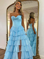 Yellow Strapless Satin Corset A Line Prom Dress