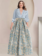 Printed Flower Plus Size Mother Of The Bride Dress With Shirt Collar