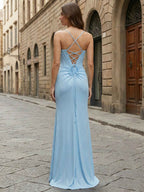 Sky Blue Crystal Trimmed Corset Prom Dress With Slit