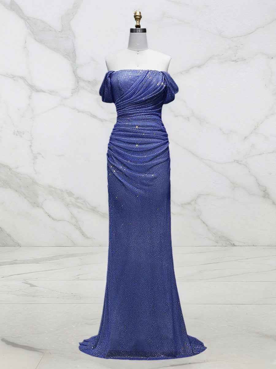 Light Blue Mermaid Off Shoulder Ruched Long Prom Dress