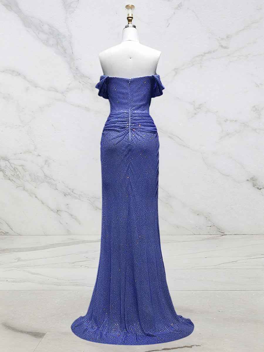 Light Blue Mermaid Off Shoulder Ruched Long Prom Dress