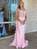 Blue Off The Shoulder Mermaid Satin Prom Dress With Lace Appliques