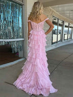 Blue Off The Shoulder Mermaid Satin Prom Dress With Lace Appliques