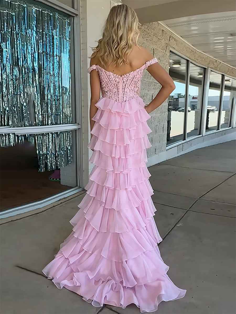 Blue Off The Shoulder Mermaid Satin Prom Dress With Lace Appliques