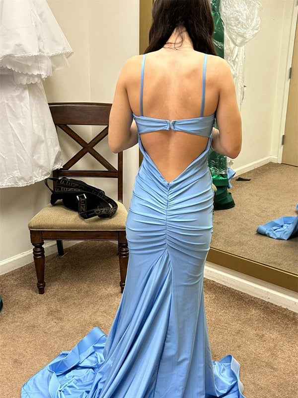 Sky Blue Mermaid Long Prom Dress With Spaghetti Straps And Slit