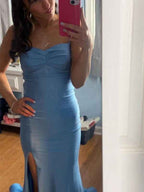 Sky Blue Mermaid Long Prom Dress With Spaghetti Straps And Slit