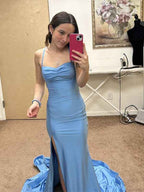 Sky Blue Mermaid Long Prom Dress With Spaghetti Straps And Slit