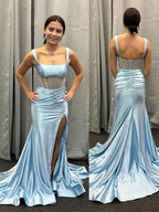 Blush Pink Satin Mermaid Prom Dress With Square Neck And Side Slit