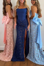 Red Lace Mermaid Strapless Long Corset Prom Dress With Bow