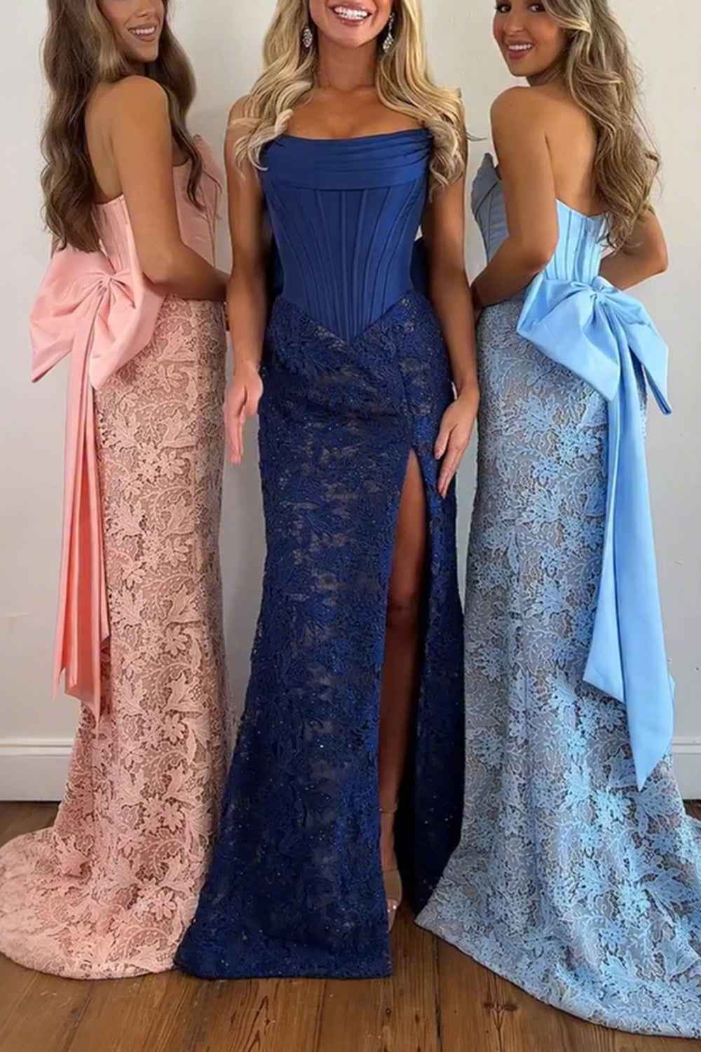 Red Lace Mermaid Strapless Long Corset Prom Dress With Bow
