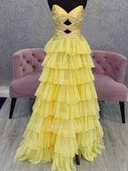 Hot Pink Strapless Cutout Tiered Ruffle Prom Dress With Slit