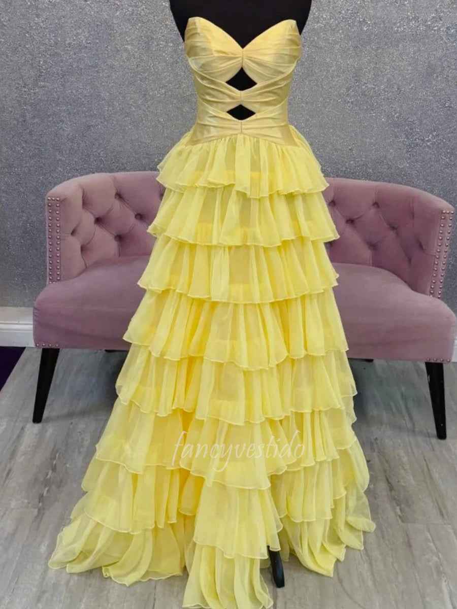 Hot Pink Strapless Cutout Tiered Ruffle Prom Dress With Slit