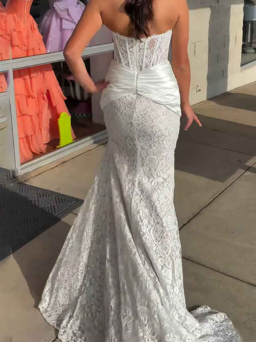 Light Blue Floral Lace Satin Corset Strapless Mermaid Prom Dress