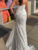 Light Blue Floral Lace Satin Corset Strapless Mermaid Prom Dress