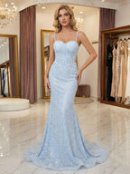 Light Blue Mermaid Prom Dress With Spaghetti Straps And Sequin Beading