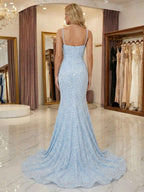 Light Blue Mermaid Prom Dress With Spaghetti Straps And Sequin Beading