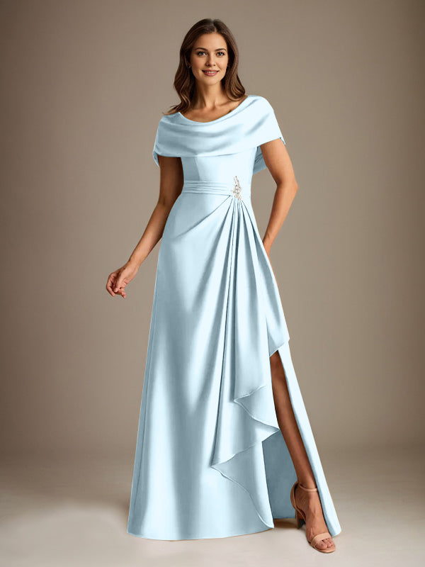 Robe de mère de la mariée en satin extensible, longueur au sol, coupe en A avec encolure dégagée et volants en cascade