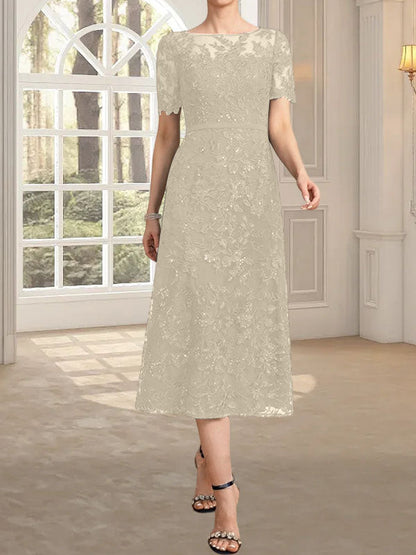 A-Linie, U-Ausschnitt, Illusion, knielang, Spitze, Kleid für die Brautmutter mit Pailletten