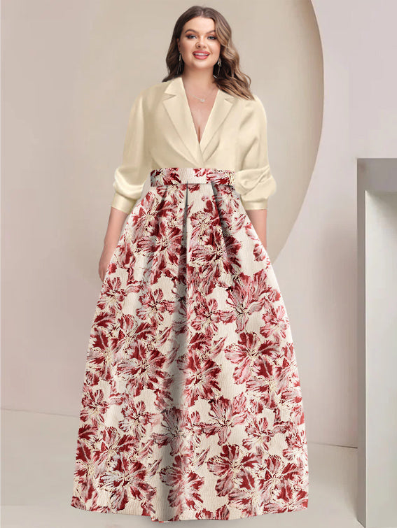 Printed Flower Plus Size Mother Of The Bride Dress With Shirt Collar