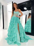Mint Green A Line Sweetheart Strapless Empire Tiered Beaded Chiffon Prom Dress