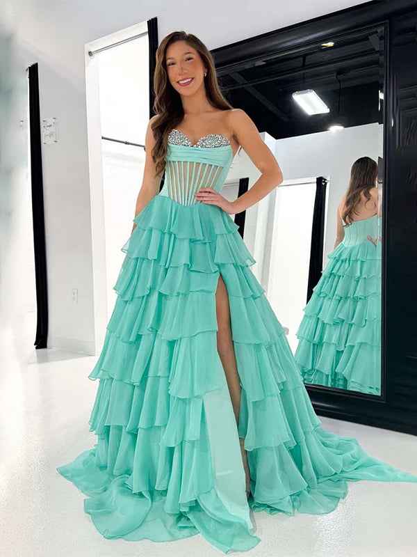 Mint Green A Line Sweetheart Strapless Empire Tiered Beaded Chiffon Prom Dress