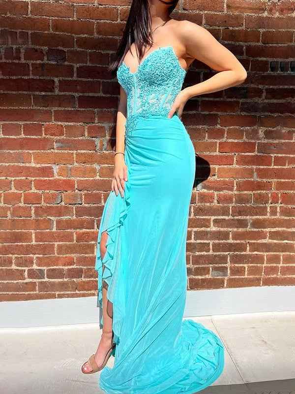 Turquoise Mermaid Prom Dress With Lace Appliques Beading Ruffles