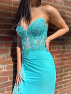 Turquoise Mermaid Prom Dress With Lace Appliques Beading Ruffles