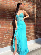 Turquoise Mermaid Prom Dress With Lace Appliques Beading Ruffles