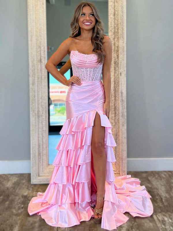Pink Mermaid Strapless Satin Tiered Long Prom Dress With Sequins