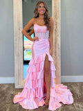 Pink Mermaid Strapless Satin Tiered Long Prom Dress With Sequins