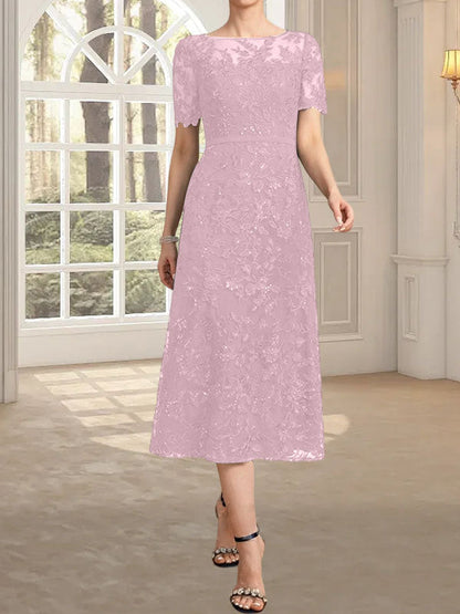 A-Linie, U-Ausschnitt, Illusion, knielang, Spitze, Kleid für die Brautmutter mit Pailletten