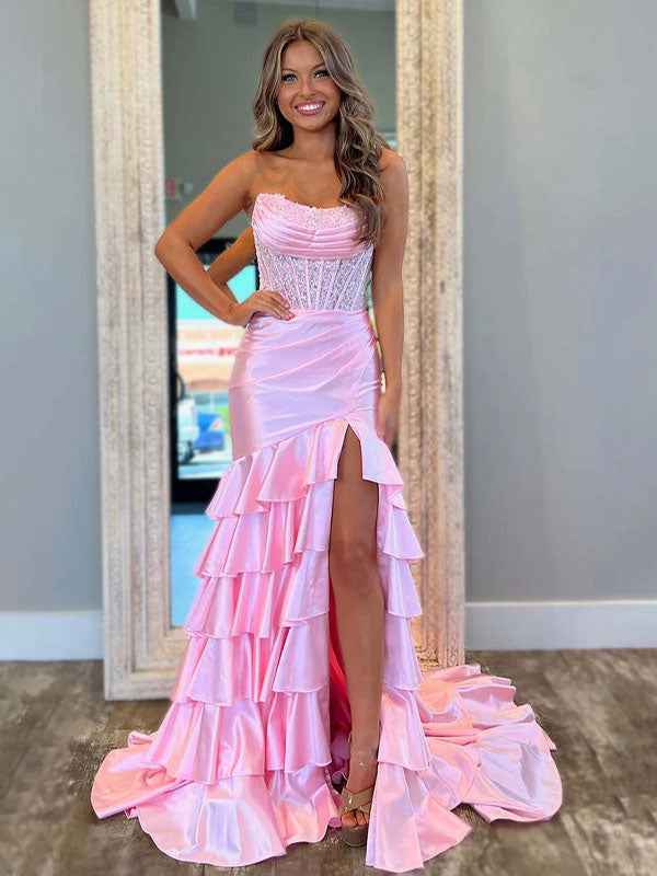 Pink Mermaid Strapless Satin Tiered Long Prom Dress With Sequins