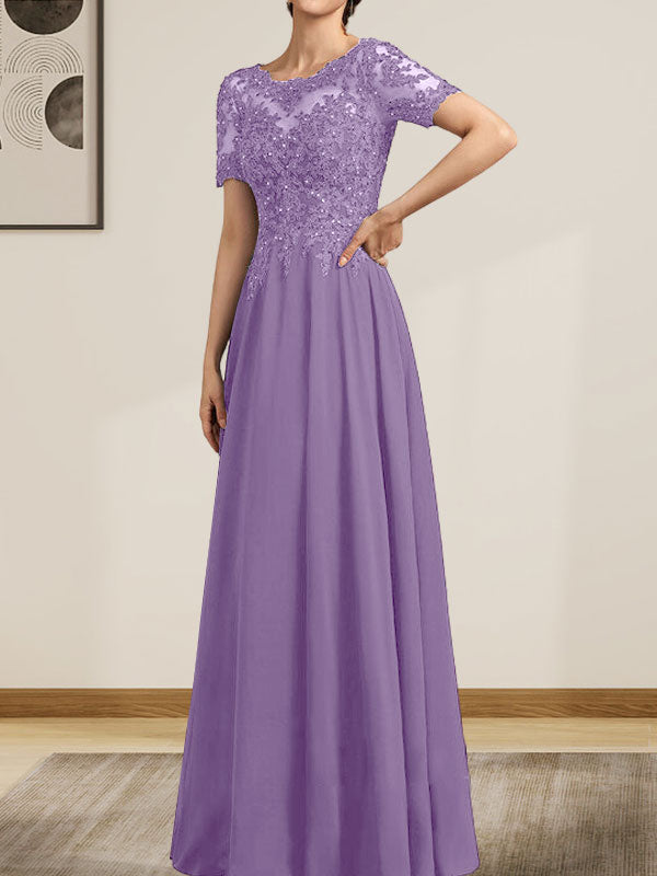 A-Linie U-Ausschnitt Illusion Bodenlang Chiffon Spitze Mutter der Braut Kleid mit Pailletten Perlen
