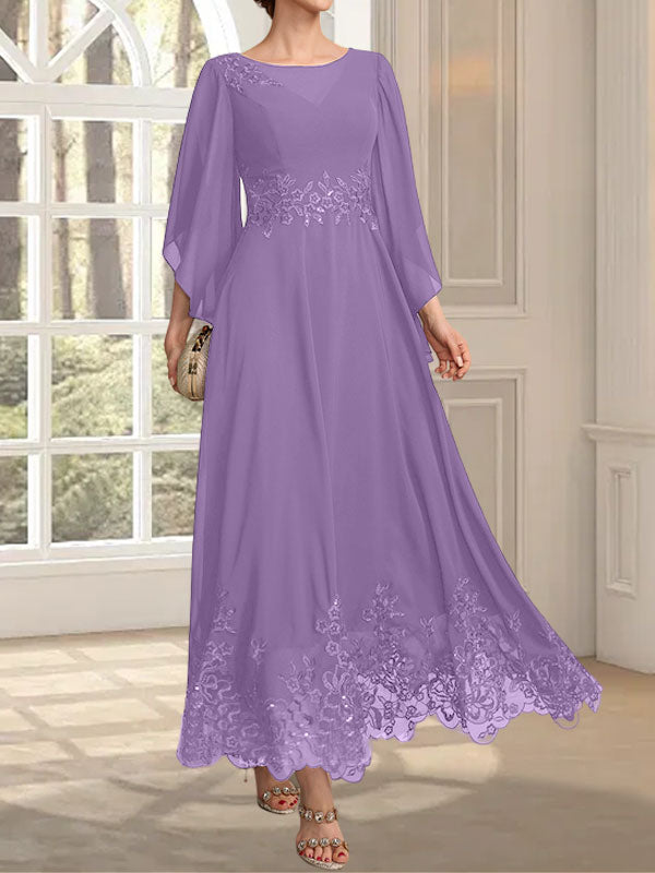 A-Linie, U-Ausschnitt, Illusion, knöchellang, Spitzen-Chiffon, Kleid für die Brautmutter mit Pailletten 