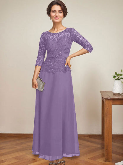 A-Linie, U-Ausschnitt, Illusion, knöchellang, Chiffon, Spitze, Kleid für die Brautmutter mit Strass-Perlen 