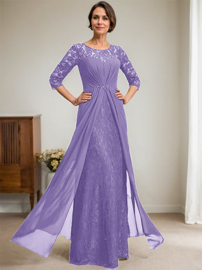 A-Linie U-Ausschnitt Illusion Bodenlang Spitzen Chiffon Mutter der Braut Kleid mit Perlenbesatz Rüschen 