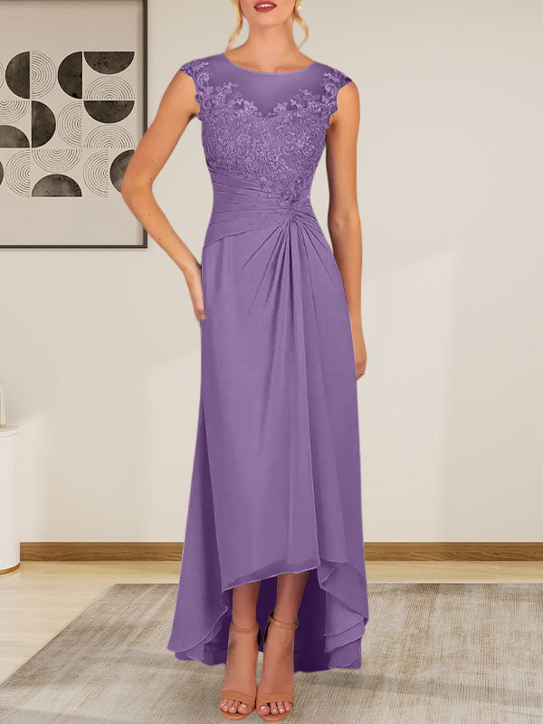 Champagne A-Line Scoop Lace Chiffon Dress